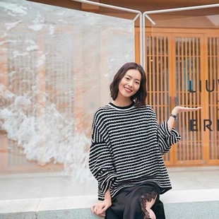 大表姐刘雯同款高端山羊绒衫女宽松条纹毛衣松驰风阔袖大版针织衫