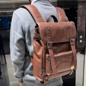 Three Box复古翻盖双肩包男学生书包大容量通勤短途旅行电脑背包