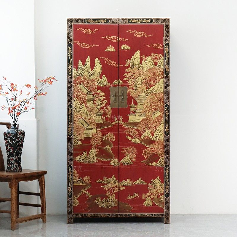 中式描金衣柜古典实木手绘仿古漆器家具复古装饰柜彩绘大柜