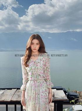 KEYANKETIAN 6749/6750 法式浪漫少女碎花荷叶边长袖上衣半裙套装
