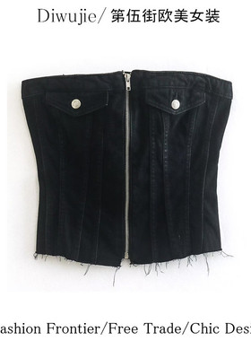 Diwujie 7371 辣妹黑色牛仔抹胸背心小众性感内搭外穿短款上衣女