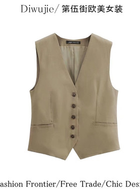 Diwujie 220 做旧质感橄榄绿色仿亚麻V领无袖西装马甲女短款背心