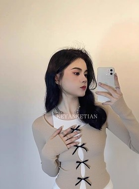KEYANKETIAN 25125 甜美蝴蝶结假两件长袖羊毛针织衫修身毛衣上衣