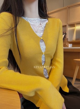KEYANKETIAN 25119 假两件蕾丝装饰设计感修身针织上衣镂空短毛衣
