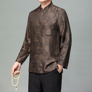 香云纱唐装男长袖衬衣高端桑蚕丝上衣大码立领中老年男装真丝衬衫