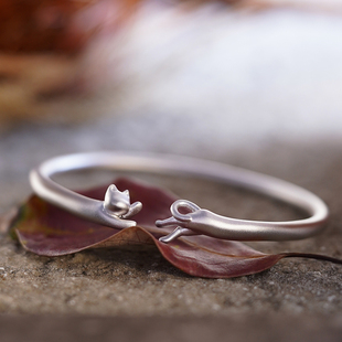 不宣新品 猫咪手镯可爱s999纯银足银手环礼物男女开口磨砂调节镯子