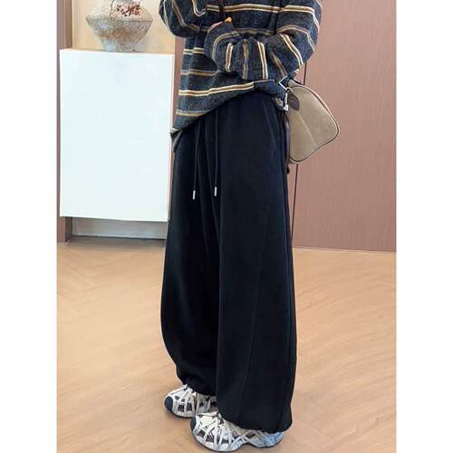 秋冬加绒高腰垂感阔腿羊毛裤女