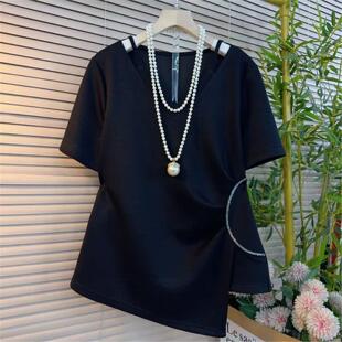 显瘦不对称设计打底短袖 2026春夏新品 T恤女韩版 V领短袖 上衣潮 大码