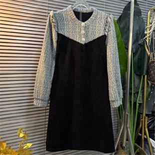 两件大码香风女装新品春季韩版拼接时尚连衣裙圆领小黑裙小拼色假
