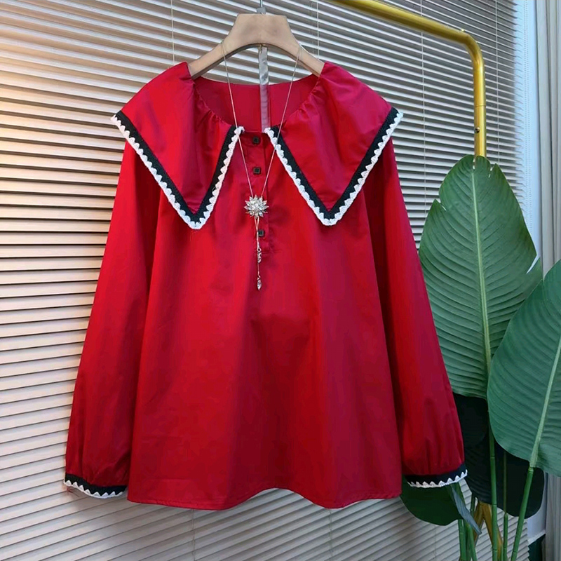 娃娃领长袖上衣大码女装显瘦撞色滚边松弛感衬衫新款时髦百搭小衫