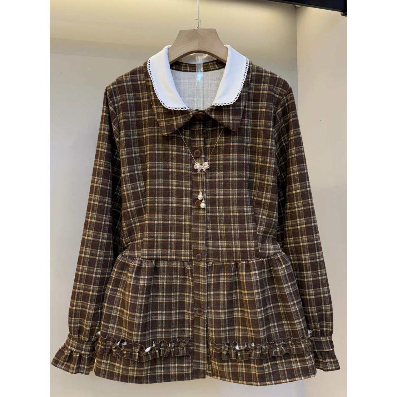 2025冬季新款大码女装时尚洋气显瘦遮肉格子拼接长袖上衣内搭衬衫