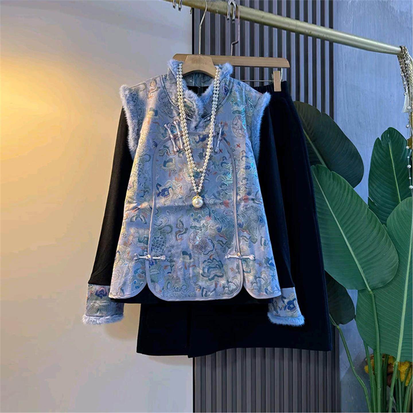 胖妹妹毛毛领花纹马甲打底衫半身裙加肥大码女装气质新中式三件套,女装/女士精品,大码套装,淘宝优惠券,粉丝福利购,淘宝优惠卷