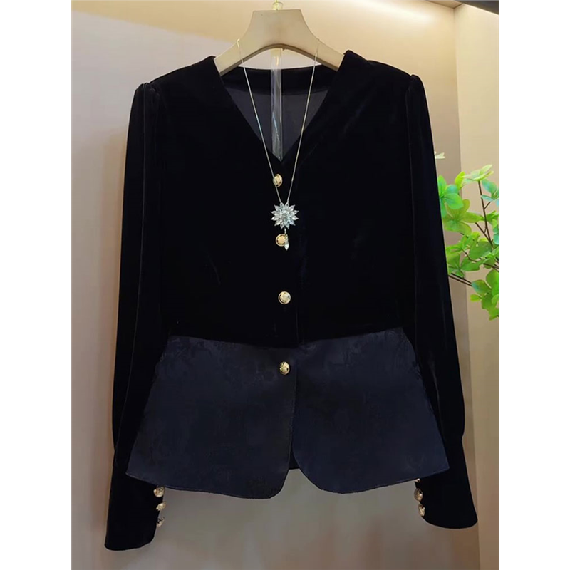 胖MM洋气显瘦V领小衫大码女装2025春季新款气质丝绒拼接长袖上衣,女装/女士精品,大码内搭,淘宝优惠券,粉丝福利购,淘宝优惠卷