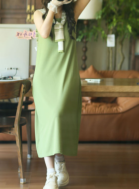 2025新款牛油果绿弹力针织裙背心裙绿色无袖连衣裙两件套长裙女装