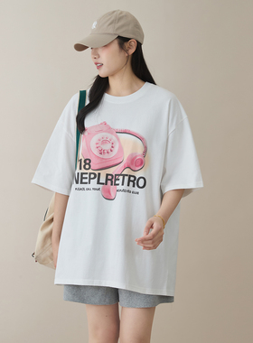 趣味粉色复古座机印花宽松版休闲短袖女2025夏季新款白色纯棉T恤