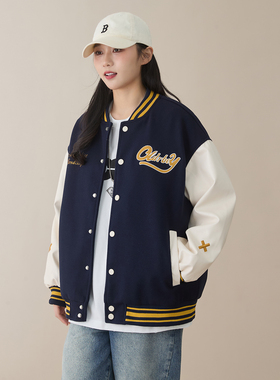 棒球服外套女2025春秋新款前后刺绣PU袖拼接美式宽松休闲春秋夹克