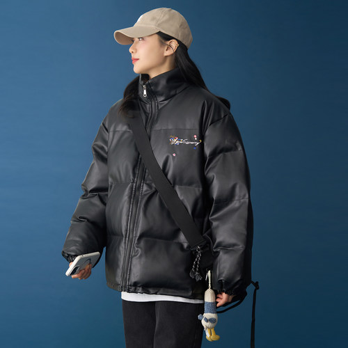 BF宽松PU皮防风抗冻棉服女2025冬季新款刺绣立领加厚保暖棉衣棉袄