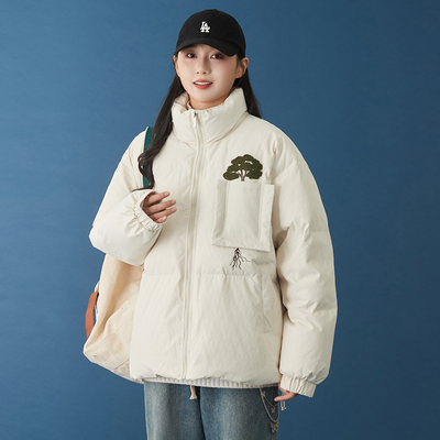 纹理面料宽松羽绒服女2024冬季新款立体口袋设计感短款白鸭绒外套