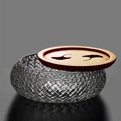 日式玻璃建水茶洗加厚圆形水盂带盖过滤家用茶道配件壶承小茶桶