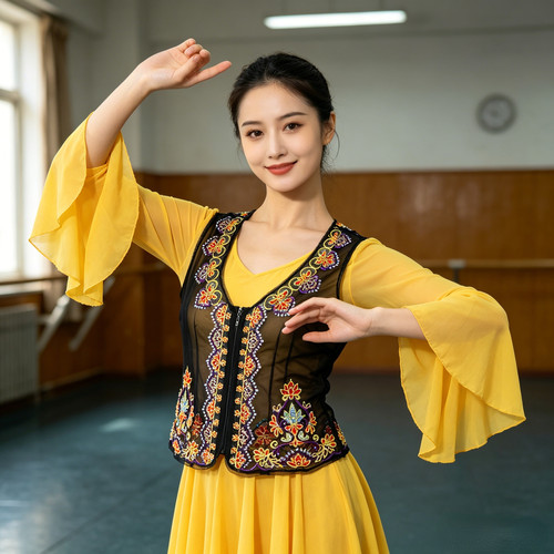 夏季网纱绣花烫钻新疆舞蹈马甲女