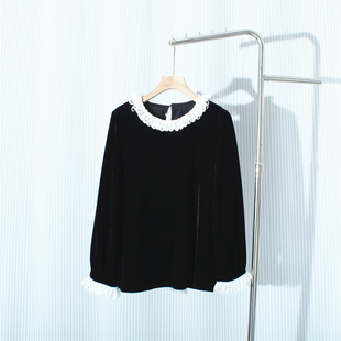 黑色金丝绒上衣女2025秋冬新款气质蕾丝拼接衬衫时尚高级感打底衫