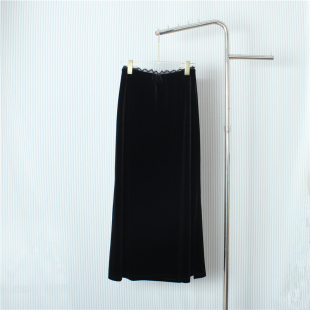 欧洲站2025秋冬新款松紧腰腰头蕾丝侧开叉丝绒半身裙女百搭长裙女