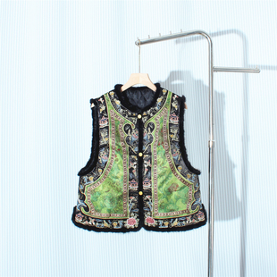 新中式国风刺绣绿色醋酸夹棉马甲女装2025秋冬新款高端水貂毛棉袄