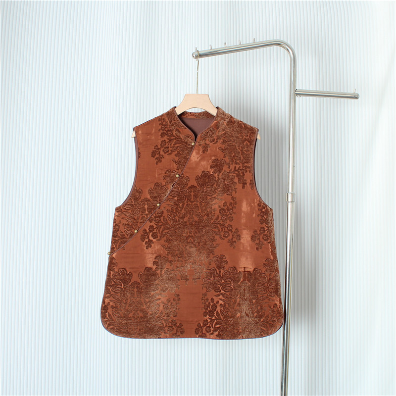 新中式国风植绒烧花马甲背心女装2025秋季新款复古高级感斜襟上衣