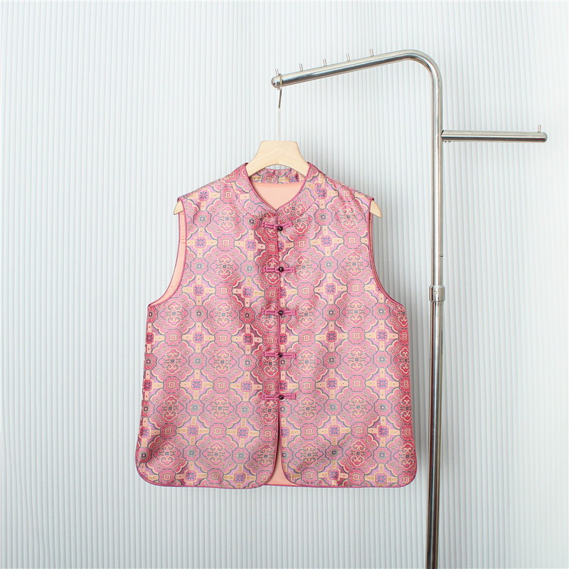 新中式粉色马甲背心立领盘扣无袖上衣秋季外搭高级感国风宋锦马褂
