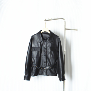 时尚翻领收腰系带短款宋佳同款皮衣2025秋冬时髦洋气pu皮夹克外套