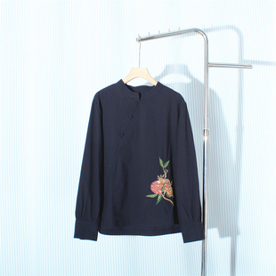 红石榴新中式钉珠刺绣立领斜襟衬衫显瘦百搭高端娃娃衫复古打底衫