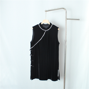 2025秋季冬新中式国风盘扣珍珠立领无袖丝绒马甲裙背心女显瘦上衣