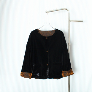 新中式国风复古两面穿短外套女秋季新款提花拼接丝绒宽松大码上衣