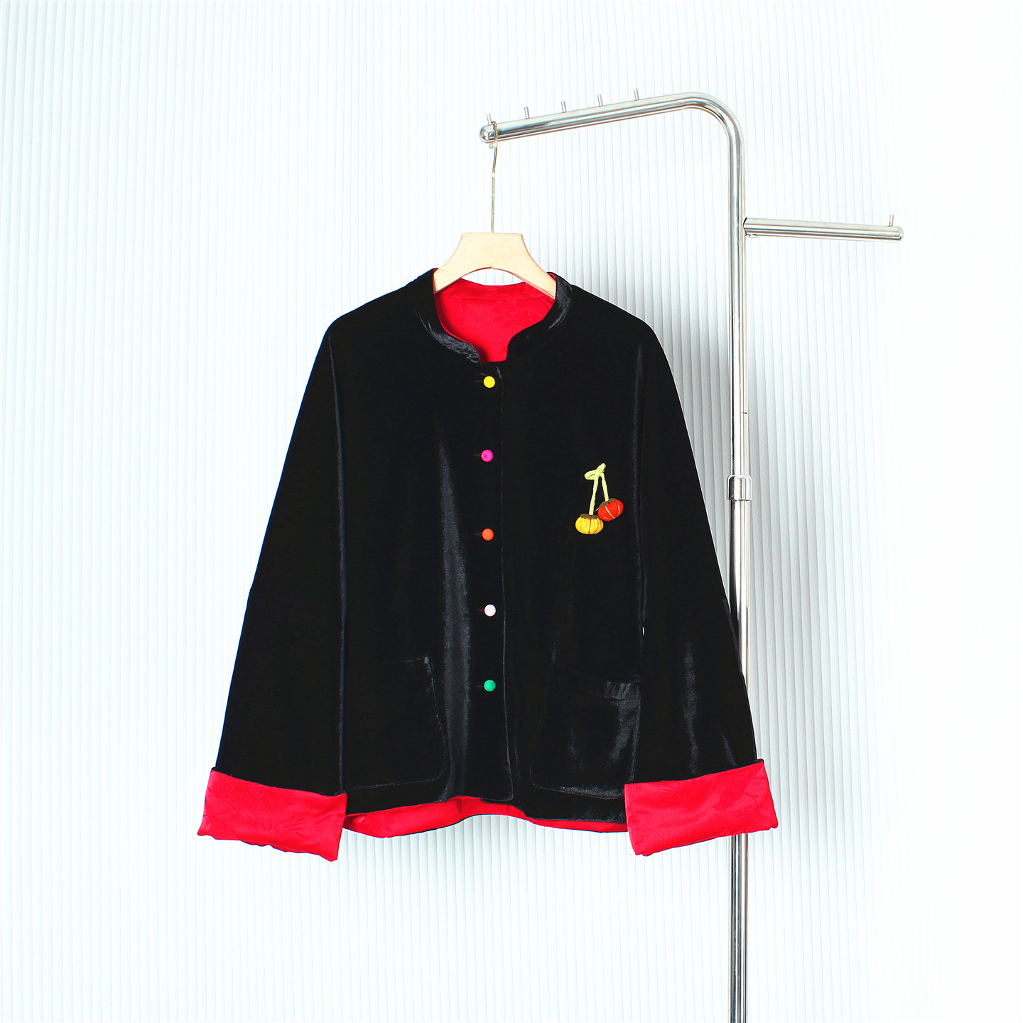 新中式双面穿立领丝绒提花夹棉上衣圣诞新年订婚红色棉服外套唐装