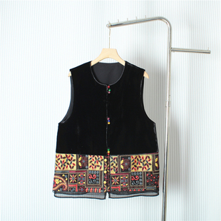 新中式2025秋冬季新款马甲上衣国风立领丝绒拼接刺绣无袖马夹外套