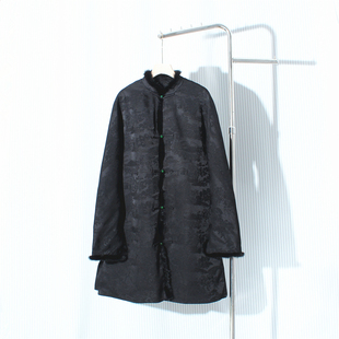 提花中国风开襟貂毛中长款中式复古宽松冬夹棉棉衣大衣唐装女外套