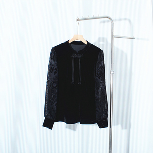 欧洲站2026春秋新款复古植绒提花拼接丝绒立领修身长袖衬衫上衣女