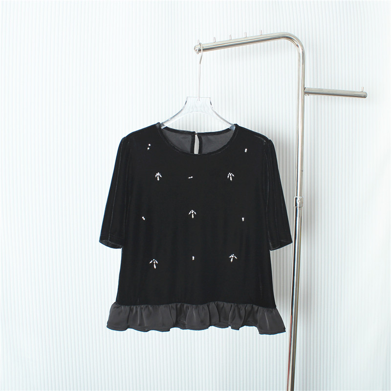 欧洲站2025早秋新款圆领短袖钉珠打底T恤娃娃款宽松休闲丝绒上衣