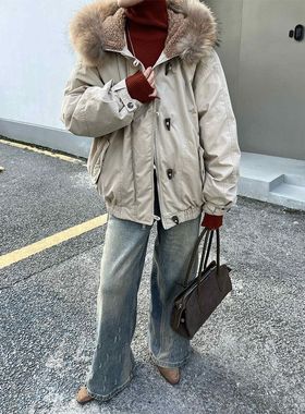 羽绒服冬季连帽外套85383鸭绒&新款ANNA中长款牛角90扣白ANAN毛领