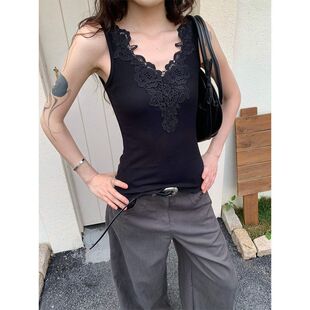 新款修身无袖夏季刺绣简约58001休闲2026拼接V蕾丝字领背心