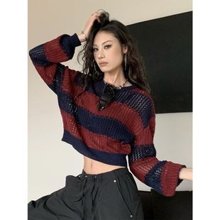 秋冬辣妹复古慵懒W5633毛衣新款 撞色针织衫 2024风镂空拼色宽松女