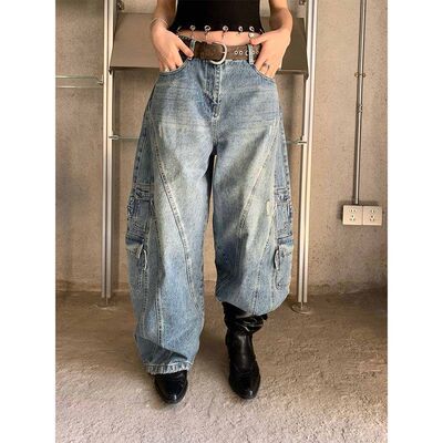 N8003压褶重工宽松弯刀牛仔裤高