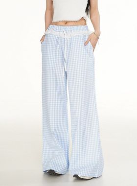 Fudge Pink 2025春季休闲慵懒风蕾丝花边格子阔腿长裤