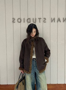 立领新款休闲拼色复古皮毛加厚外套羊羔女一体冬季2025仿56212