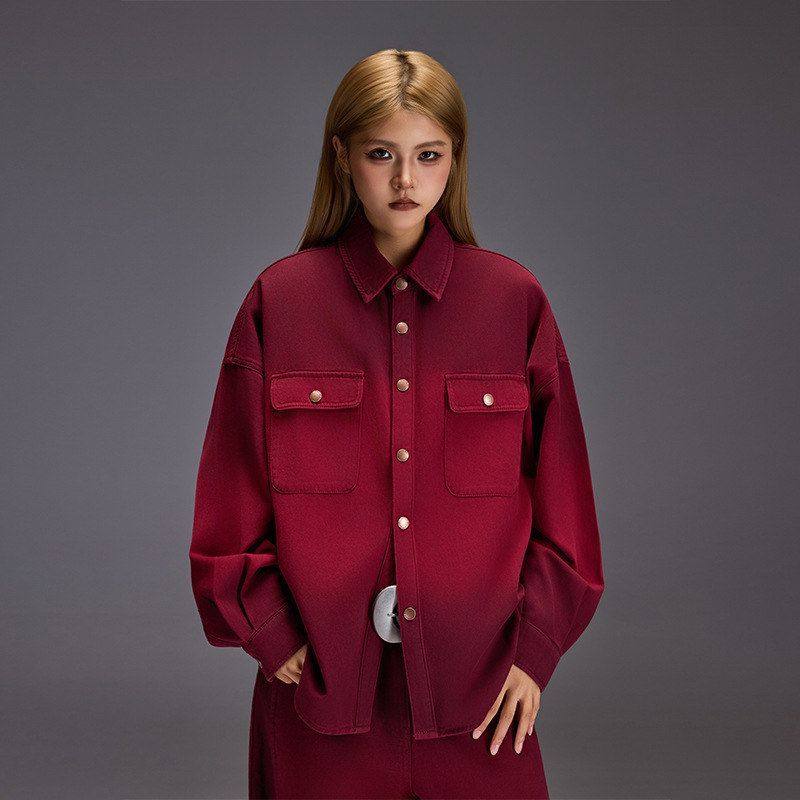 春秋女印花宽松美式潮牌渐变色外套长袖高街衬衫百搭衬衣拓谷新款