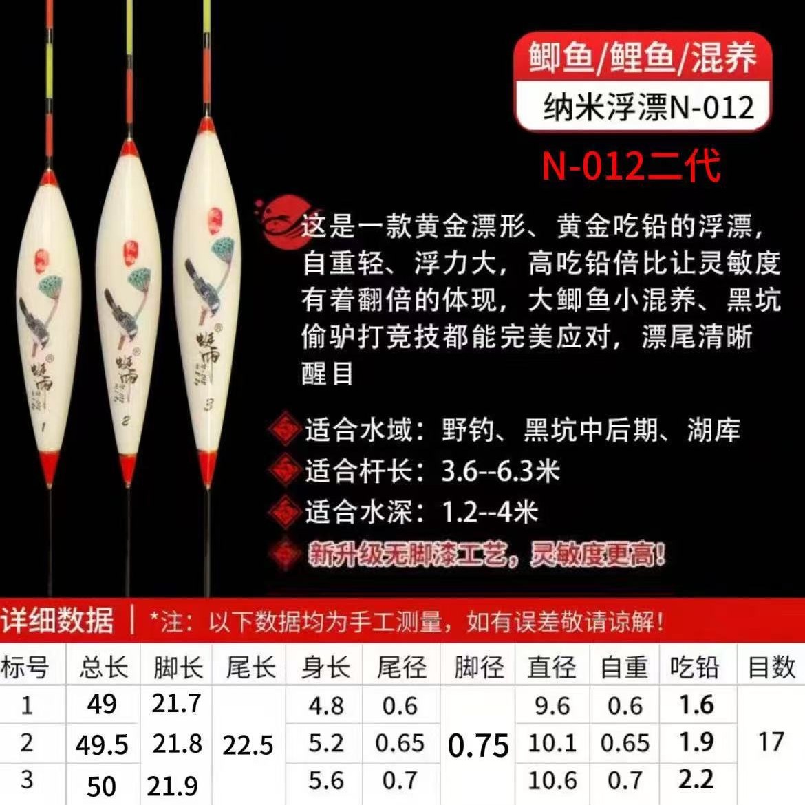 N-012纳米浮漂清晰醒目鱼漂 可定制加粗新款无脚漆