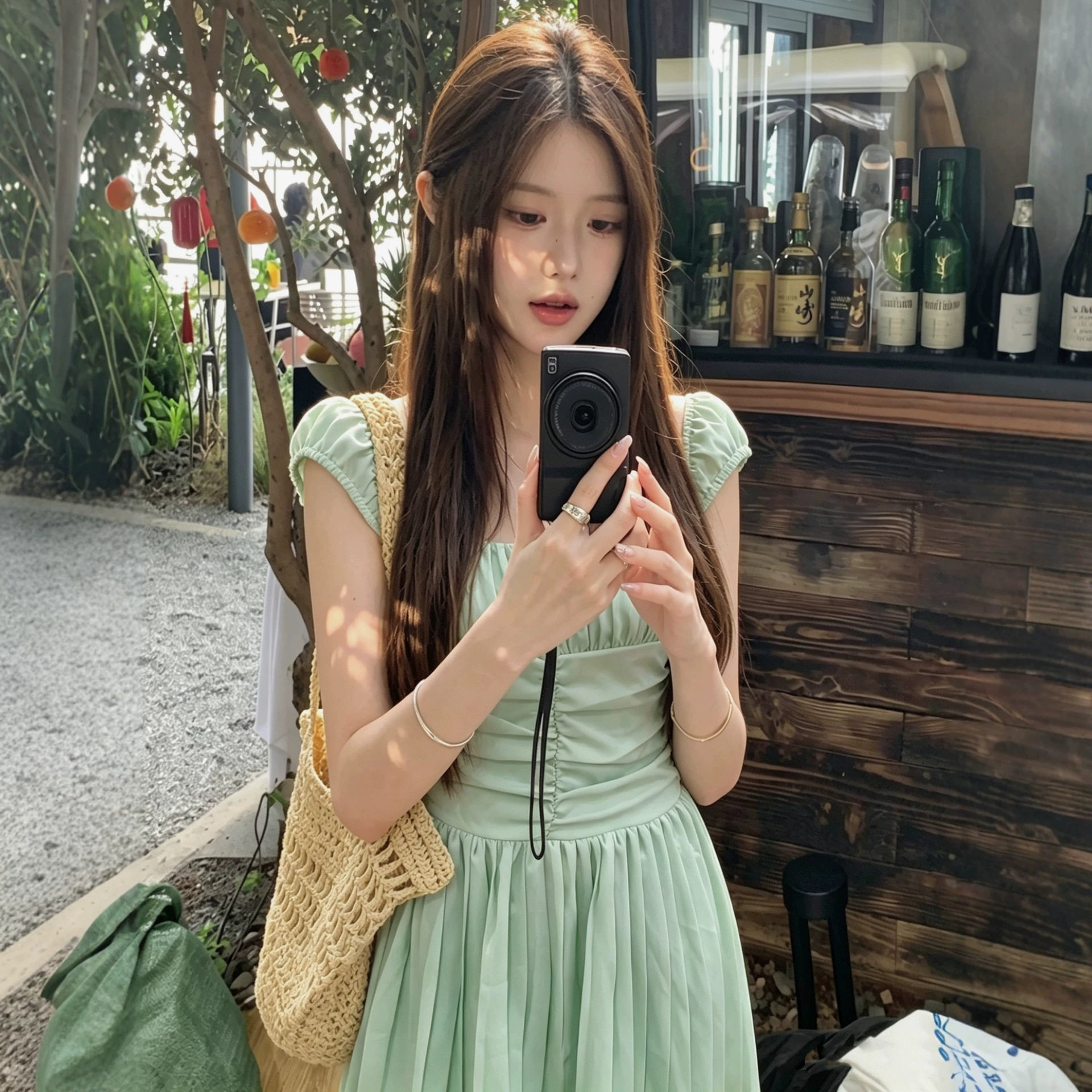 2026新纯欲性感方领褶皱收腰百褶裙女夏季法式气质绿色显白连衣裙