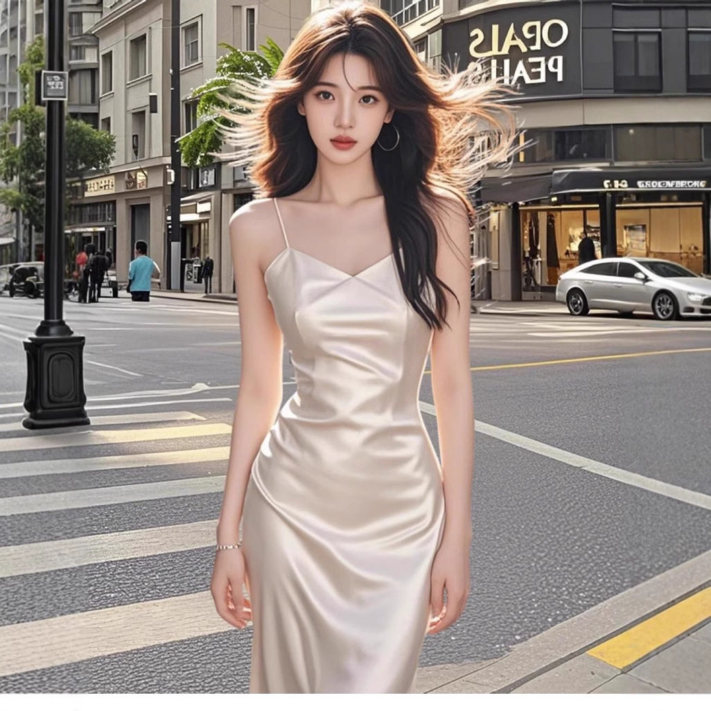 新款高级感生日晚礼服长裙女纯欲别致修身显瘦缎面吊带连衣裙