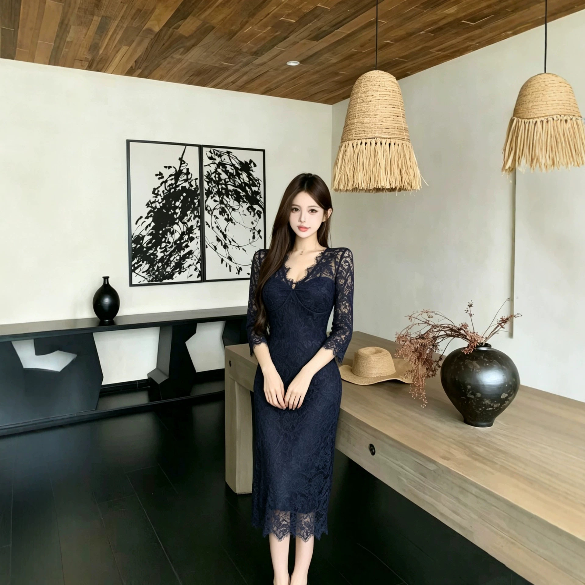 新款轻熟纯欲风v领连衣裙女绑带修身中长款收腰蕾丝包臀裙子夏