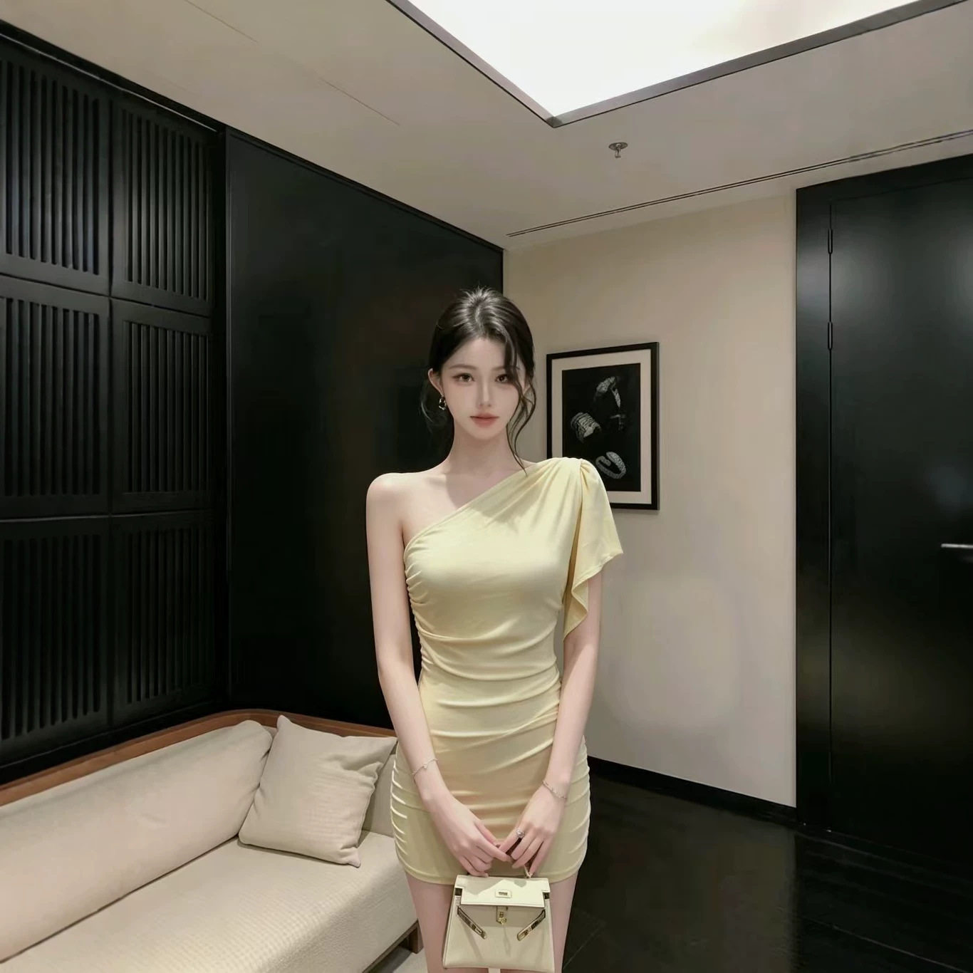 WD-TB-0278法式斜肩飘带性感连衣裙女夏ins风淡黄色修身包臀短裙